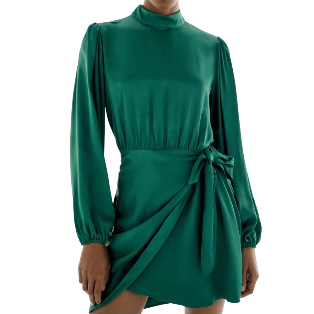 Zara Green Satin Long Sleeve Mini Dress Size Medium
